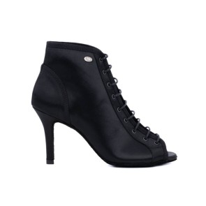 Portdance PD815 Zwarte Satijn Dames Dansschoenen met Peeptoe - Enkellaarsje met Vetersluiting - 7 cm stiletto hak