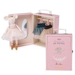 Moulin Roty Ballerina Muis met Roze Garderobe Koffertje
