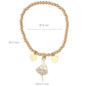 Alista Dancer Basics  Alista Elastische Armband van Gouden Stalen Kralen, met Hartjes en Ballerina Hangers met Strass Steentjes